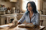 A woman sits alone at a worn kitchen table, one hand wrapped around a steaming mug. The mug reads “Consistency Over Virality.” Dark hair with cobalt blue tones, loose, slightly undone. Light blue shirt, open at the collar, with a heart locket. An open book on the table in front of her, unread. A few unopened envelopes beside it. She is not looking at any of it. Expression: present in body, somewhere else entirely. Morning light through thin curtains. Old stove behind her. AlchemMyst/Elle Norris