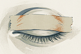 Illustration of a single closed human eye with a strip of masking tape pressed across the eyelid, sealing it shut. Muted grey and off-white tones.
