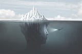 The human face depicted as an iceberg, with 90% of the face below water, representing our subconscious. A diver explores what’s under water.
