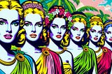 A Pop Art image of five women styled as Greek goddesses set against a lush tropical island backdrop