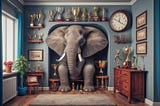 A big elephant in a tiny room with winning trophies on the walls and a large clock