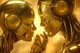 Two golden humanoid robots in a tender moment.