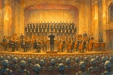 AI-generated painting of a symphony orchestra and choir performing for an audience of robots.
