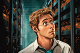 A man looking confused at a server rack, the image is mainly of the mans confused face. The image looks like it’s from a magazine cover brochure for popular science.