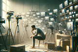 Digital artwork illustrating a YouTuber surrounded by cameras and screens in a lonely room, symbolizing the isolation experienced in the digital world. The contemplative expression of the YouTuber highlights the mental and emotional toll, set against a backdrop of hope and calmness.