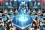 DALL-E rendering of afuturistic competition between humanoid robots, set in a high-tech arena with bright neon lights.