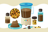 Illustration shows blender with brown material alongside vials of brown liquid and pills, and a petri dish holding poop.