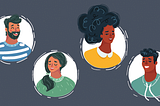 Four cartoon portraits of individuals of different races, ethnicities, and gender identities