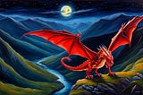A beautiful red dragon drawing in a valley at night.