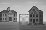 Grayscale illustration of two school buildings separated by a barbed-wire fence. One building is well-maintained and modern, while the other is crumbling and decayed, representing the false promise of “separate but equal” education.