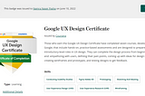 Completion certificate badge of Google UX Design Certificate for myself, the writer, Namra Naser Pasha