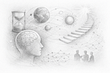 Pencil sketch illustrating themes of time, learning, and human thought, with a profile head, hourglass, planets, and an ascending staircase.