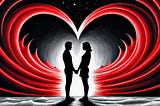 man and woman standing in red heart on dark background holding hands indicating meeting of twin flames