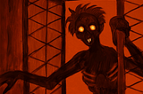 A sinister, dark figure with burning eyes creeps through an open window.