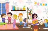 Illustration of a colorful kindergarten classroom with a brown-skinned femme teacher playing guitar to children.
