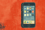 A vintage-style image of an iPhone, lying on a red background.