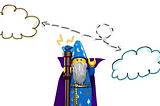 A lego wizard with an image of thought bubbles shifting from high-level to low-level thoughts