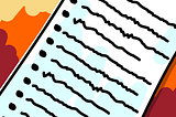 Illustration of a sheet of paper with a stylised bullet list in front of a fiery red background.
