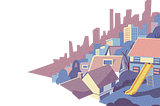 Drawing of houses with a cityscape behind.