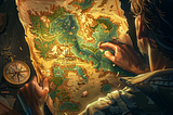 An explorer looking at and pointing to a location on a large treasure map.