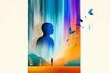 Horizontal minimalistic image of a person shedding layers of a mask, symbolizing the process of revealing their true self. The background features abstract flowing lines in vibrant colors of blue, orange, and purple, representing transformation and self-acceptance.