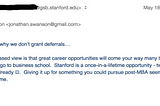 Email from the Stanford GSB Dean after I decided to start Thumbtack instead