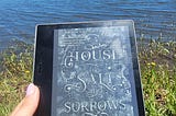 Kindle book cover of House of Salt and Sorrows being read in front of a lake.