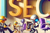 A humorous and sophisticated illustration showing cartoon characters representing SEO acronyms — SERP as a fast-talking reporter, SEO as a detective with a magnifying glass, and AI as a futuristic robot, all engaging in playful office antics against a backdrop of beige, gold, and dark violet.