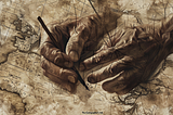 A painting of two hands, one holding an ink pen and the other resting on top with fingers interlaced; both hands surrounded by a hand-drawn map, symbolizing Cartographer’s artistic creation.