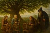 Three women spinning threads under a tree are approached by a man in a cloak, eye patch and carrying a staff