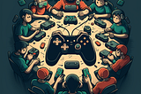 An image of a gaming community — a group of passionate gamers hooked to a set of handheld joysticks. Each of their joysticks is connected to a master console. This image gives the effect of multiplayer communities coming together to interact with stories that engage users in real time.