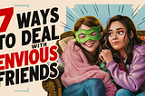 7 ways to deal with envious friends. two friends sitting on the couch and one of them envy the other.