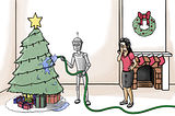 Cartoon of robot watering an indoor Christmas tree with a hose. Owner is upset.