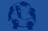 Minimalist blue illustration of five human silhouettes arranged in a circle, facing inward and gesturing as if arguing, with simple lines indicating speech and circular arrows suggesting an endless loop of discussion.