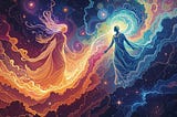 An image of two human forms surrounded by radiating waves of various colors