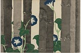 A Japanese woodcut depicting flowers growing among trees.