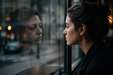 A person looking at their reflection in a window which is slightly distorted