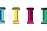 Four colored Ionic columns, blue, yellow, pink, and green, lined up equidistant from each other.