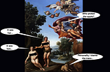 An image of Adam and Eve being confronted by God after eating the apple. Floating in the sky, God is waving a finger: “Who picked the apple?” Below him, pointing to Eve, is Adam: “It was her…”. Next to Adam and pointing at a snake is Eve: “It was him”. To the right of the picture, a lamb interjects: “Personally, i blame the trans…”