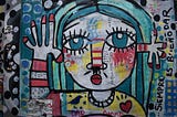Abstract multi-colored artwork of a woman waving goodbye