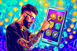 AI image created on MidJourney V6 by henrique centieiro and bee lee, a man with tattoo, glasses and beard selecting crytpocurrency via a tablet. Trending crypto sectors in 2024.