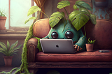 A real potato with human attributes working on a laptop in a rustic ambience with plants around in a toony space