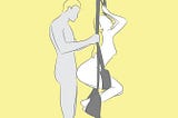 A girl hangs on a sex swing along with his standing man.