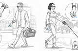 One person shopping and one person walking a dog, making gestures with their available hand to interact with their smart glasses.