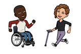 two avatars, one is a black masc-presenting person in a wheelchair. the other is a white femme presenting person with a cane