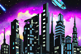 Create an image of a futuristic city skyline with flying cars, glowing neon lights, and towering skyscrapers that stretch towards the stars.