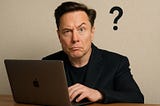 Image of Elon Musk sitting at laptop and looking confused.
