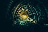 View from inside a coal mine: barrel-vaulted arches highlighted in yellow and surrounded by black, with a yellow pile of wood at the back, vanishing point. I can’t fathom that I might be starting to see the end of this psychic tunnel.