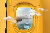 A yellow color suitcase in the form of airplane window showing endless sea and clouds