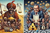 A split image showing a medieval African merchant trading gold and salt on one side, while on the other, a modern CEO holds contracts for oil and rare earth metals. Both are surrounded by desperate workers and consumers, eyeing the resources they can’t access. The merchant and CEO smile smugly amidst their wealth, with cracked earth and poverty in the background.